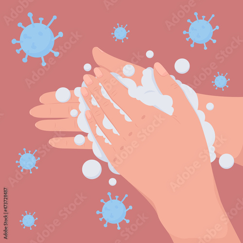Disinficetion instruction flat color vector illustration. Cleansing in water with soap to avoid bacteria. Prevent virus spread. Washing hands 2D cartoon first view hand with abstract background