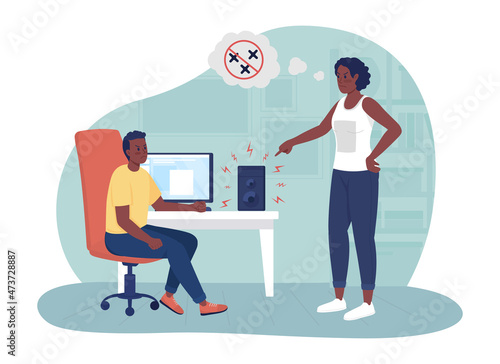 Annoying music playing 2D vector isolated illustration. Angry mother scolding noisy teen flat characters on cartoon background. Parent kid conflict. Disrespectful teenage behavior colourful scene
