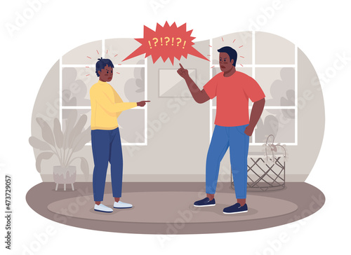 Parent-adolescent conflict 2D vector isolated illustration. Angry father yelling at annoyed teenage son flat characters on cartoon background. Raising voice at kid at home colourful scene