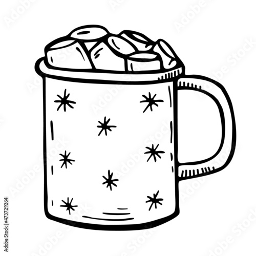 A mug with a hot drink and marshmallows. Hand-drawn vector contour illustration of a mug with a Christmas print.