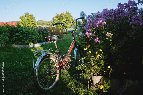 Bicycle without a cyclist stands in the sun in a garden of flowers. Stop, respite concept. The theme of cycling in the village