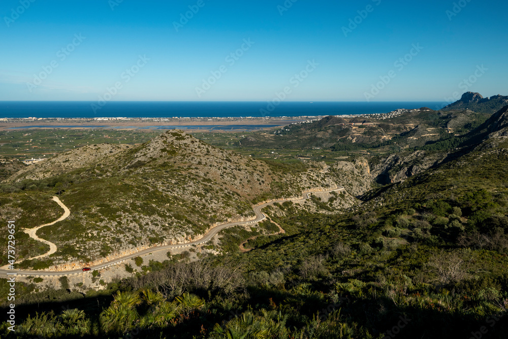 Winding mountain road between Pego village and Vall d'Ebo, Marina Alta, Costa Blanca, Alicante Province, Spain