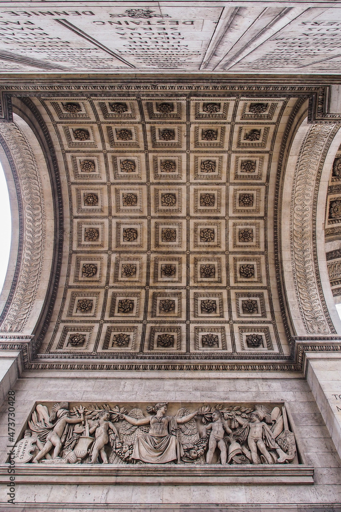 Detailed view of Arch of triumph. Arc de Triomphe at Paris, France