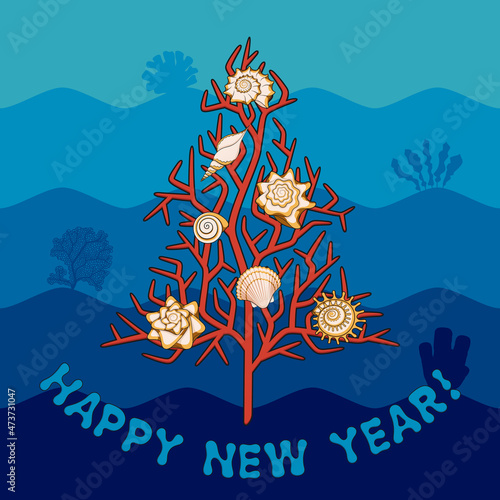 Christmas card with a coral fir tree  shells and congratulations. Colored vector background.