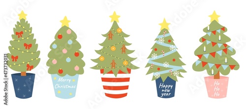 set christmas tree in pot, eco-friendly new year, reuse, zero waste, ecology holiday. vector illustration in cartoon style.