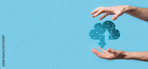 Man hold Cloud icon technology. Polygonal wireframe cloud storage sign with two arrows up and down. Cloud computing, big data center, future infrastructure, digital ai concept. Virtual hosting symbol