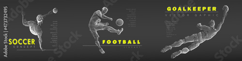 A set of football, soccer players drawing by white lines with text on dark-gray background