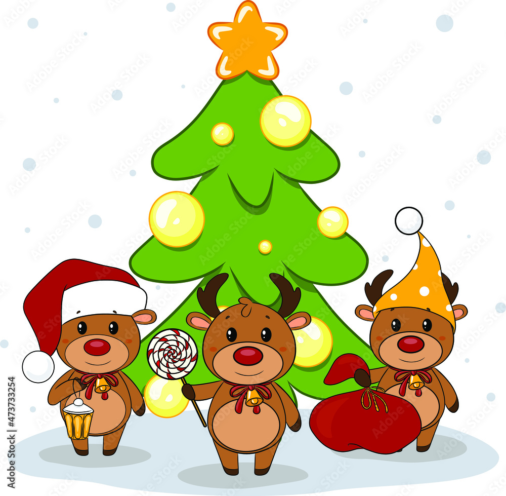 Three Christmas reindeer Santa Claus in winter hats are standing near the Christmas tree decorated with Christmas balls and a Christmas star. Vector drawing.
