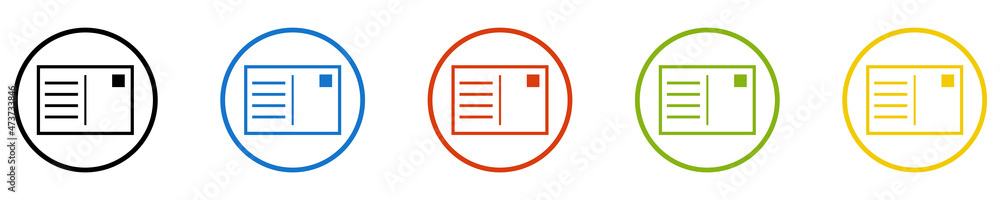 Bunter Banner mit 5 farbigen Icons: Postkarte, Brief, Adresse oder Anschrift Bunter Banner mit 5 farbigen Icons: Postkarte, Brief, Adresse oder Anschrift
