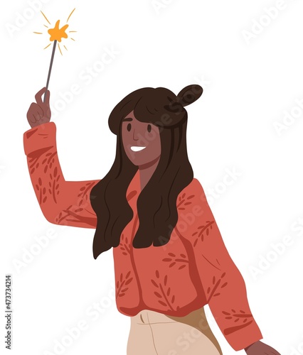 Нарру woman celebrate holidays with burning sparkler in hand. Smiling person holding festive bengal light with sparks. Female with firework stick. Flat illustration isolated on white background 