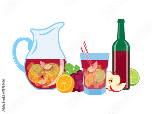 Sangria drink red wine with fruits icon set vector. Jug with sangria icon set isolated on a white background. Traditional spanish drink sangria still life vector