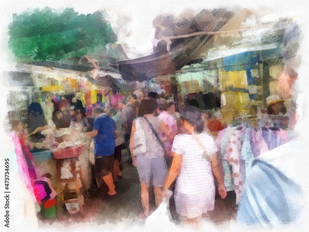 Alley street with fresh markets on both sides watercolor style illustration impressionist painting.