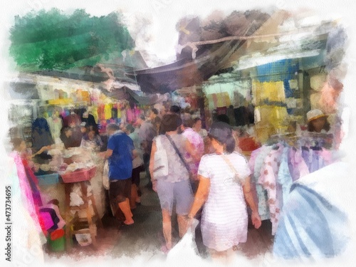 Alley street with fresh markets on both sides watercolor style illustration impressionist painting.