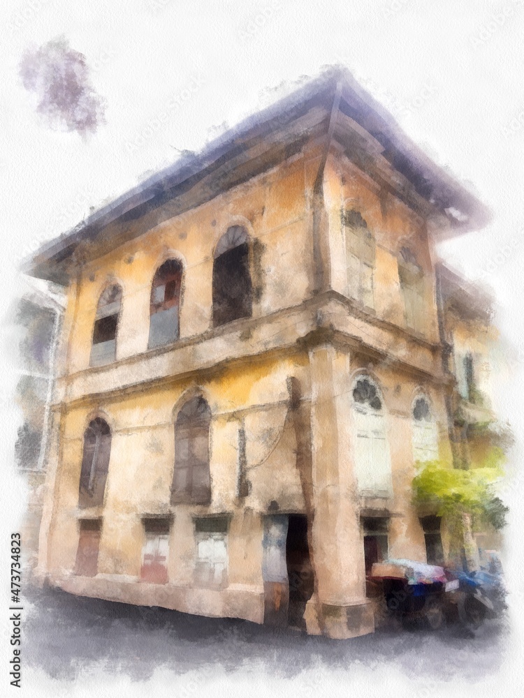 Obraz premium European colonial architecture buildings in abandoned yellow Bangkok watercolor style illustration impressionist painting.