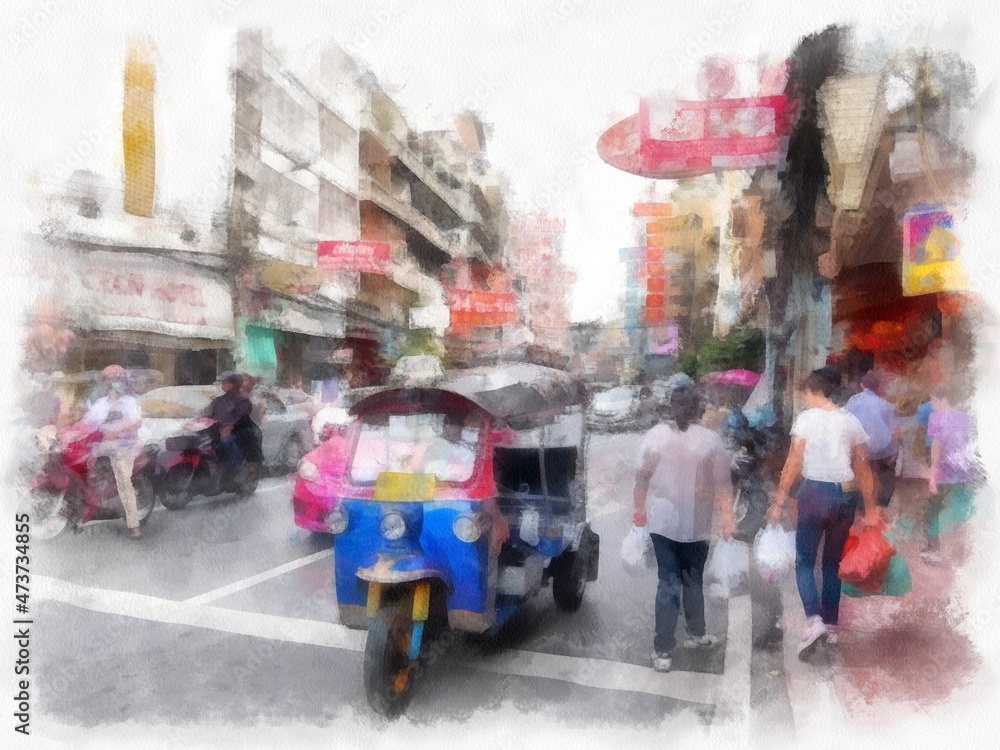 Landscape of Chinatown, Yaowarat, Bangkok watercolor style illustration impressionist painting.