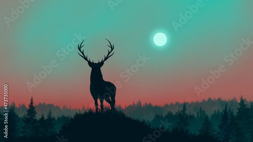 A deer stands on a hill surrounded by forest and looks into the distance at the blazing horizon. The moon is high. 2D illustration