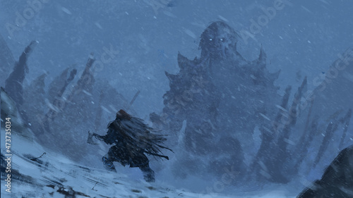 A viking warrior stands against the ice giant and prepares for battle. A blizzard is raging around. 2D illustration
