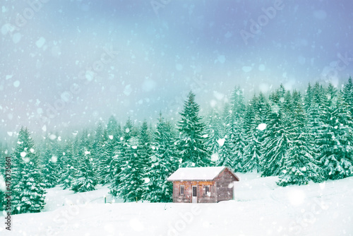 a cottage in the woods, snowy blizzard day in the mountain, green backgroound © malija