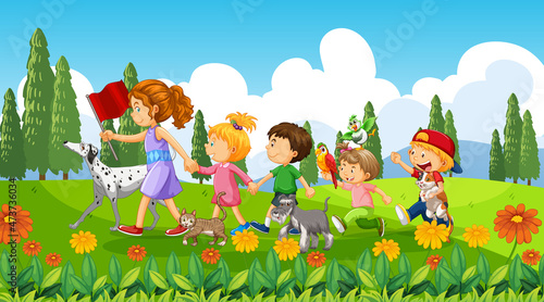 Fototapeta Naklejka Na Ścianę i Meble -  Children walking with their animals at the park