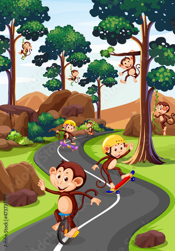 Fototapeta Naklejka Na Ścianę i Meble -  Park scene with monkeys doing different activities