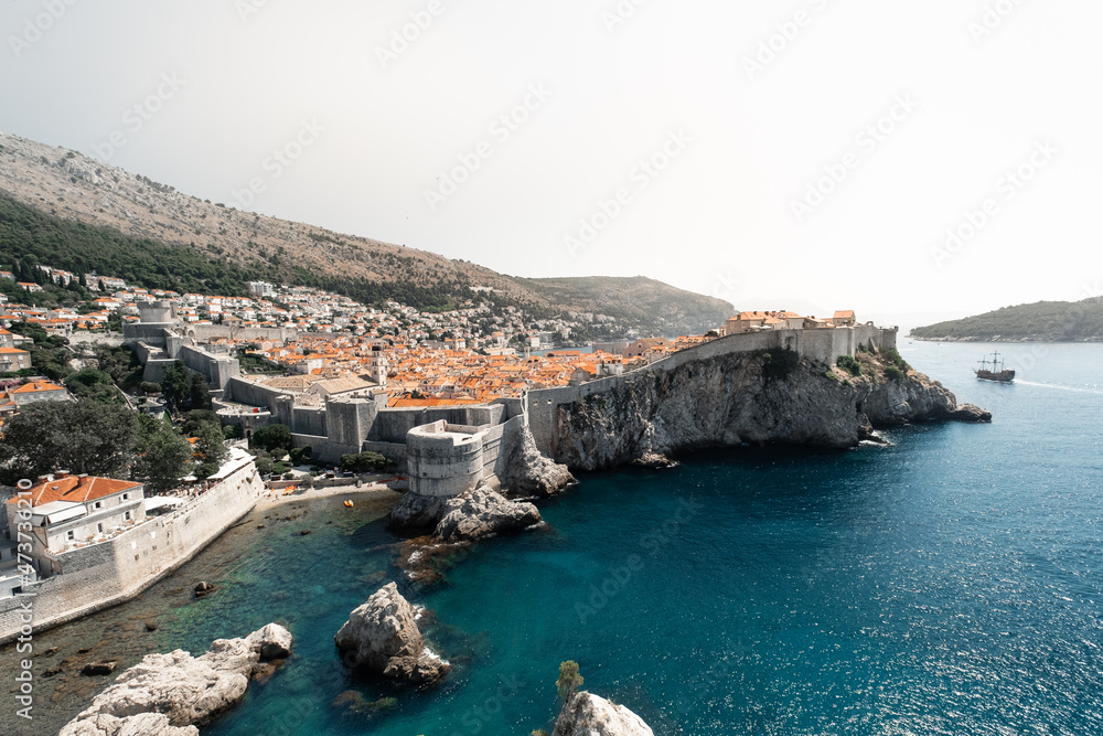 Sunshine, summer day in Dubrovnik. View over the old town and ocean