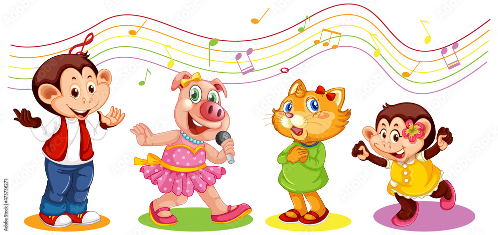 Cute animals cartoon character with musical melody symbols