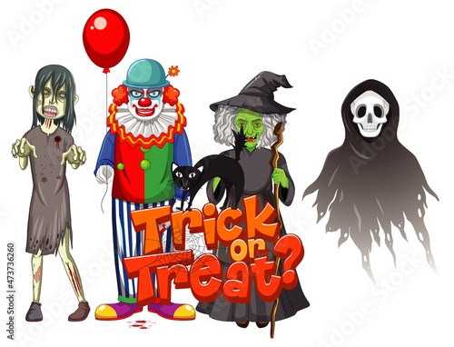 Trick or Treat text design with Halloween ghost characters