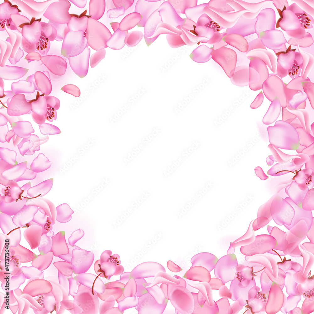 Pink falling sakura petals and flowers.Nature horizontal background.