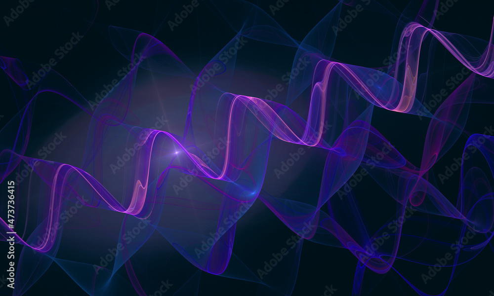 Beautiful purple violet digital 3d zigzag, spring mesh or smooth dynamic substance in shape of wave in deep dark space. Glowing galactic radiance or concept of sound of rhythm. Great as cover, poster.