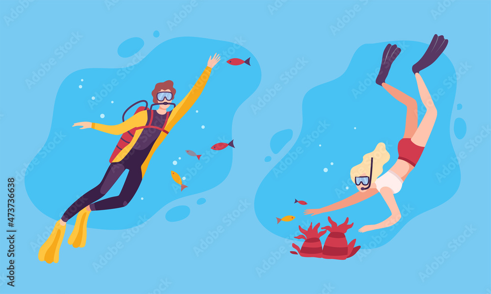Φωτογραφία Young Man and Woman Character in Goggles and Flippers Sea Diving and Floating Un