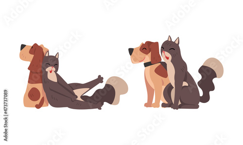 Funny Cat and Dog Best Friend Buddy up with Each Other Vector Set