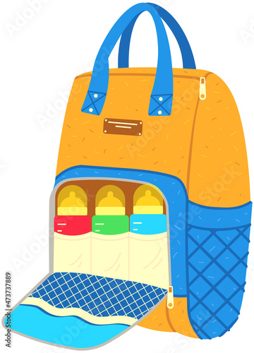 Backpack with baby bottles for walk. Convenient device for transferring baby bottles for mom. Colored backpack for feeding kid during walk. Formulas for feeding in containers with pacifiers