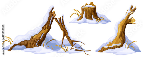Stumps, wooden logs under snow. Cartoon tree winter. Broken oak and snowdrifts on Christmas. Isolated vector new year elements game style on white background. 