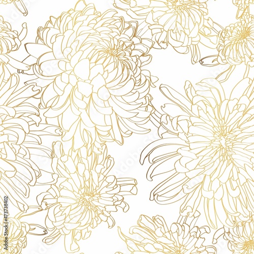 Seamless golden floral pattern. Japanese national flower chrysanthemum. Illustration luxury design, textiles, paper, wallpaper, curtains, blinds. 