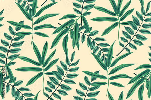 Seamless nature pattern, stylish botanical print for wallpaper, textile, fabric. A modern botanical design with large hand-drawn leaves, green foliage in an abstract composition. Vector illustration.