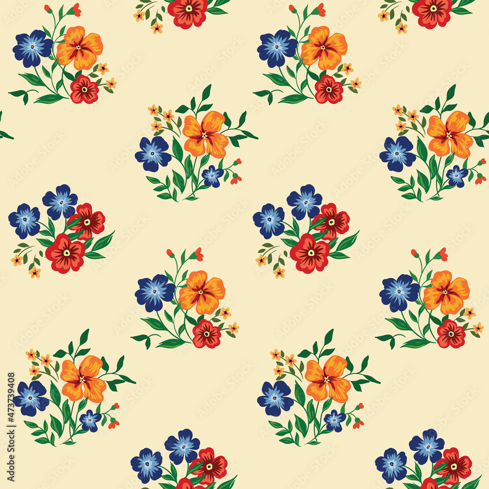 Seamless wallpaper of hand drawn wild flowers. Floral print, vintage ornament of small flowers, leaves, bouquet. Summer old-fashioned pattern, tile. Vector illustration.