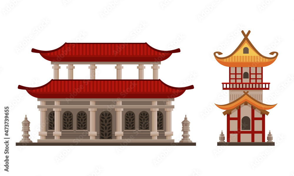 Pagoda as Tiered Tower with Multiple Eaves as Asian Architecture Vector Set