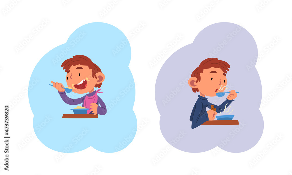 Schoolchild Daily Routine with Boy Having Breakfast Vector Set Schoolchild Daily Routine with Boy Having Breakfast Vector Set