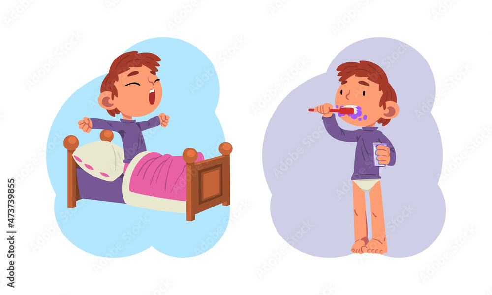 Schoolchild Daily Routine with Boy Getting Up and Brushing His Teeth Vector Set Schoolchild Daily Routine with Boy Getting Up and Brushing His Teeth Vector Set