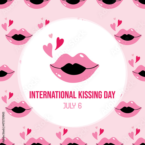 International Kissing Day vector cartoon greeting card, illustration with pink lips and hearts seamless pattern background. July 6.