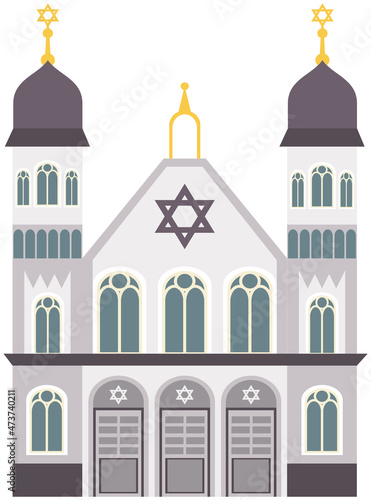 Synagogue for Jews isolated on white background. Temple vector classic cathedral illustration. Religious building in style of ancient architecture, traditional prayer house