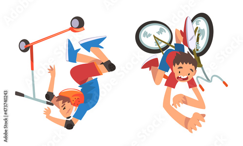 Boy Falling Off Bike and Kick Scooter Vector Set