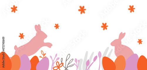 Beautiful vector banner with rabbits, colored eggs, happy Easter. Pink and orange colors. Simple flat and cartoon style. Background design, postcards, stickers, flyers.