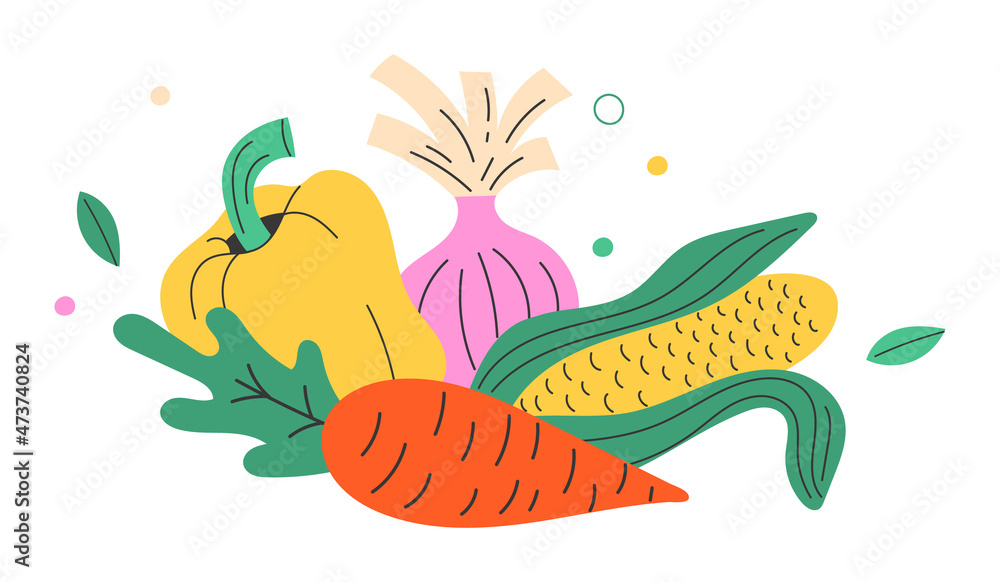 Set of vegetables in flat style, doodle, hand drive. Menu, diet, salad, useful food. Eco products and ingredients. Greens, leaves, carrots, pepper, onion, corn. Set of vegetables in flat style, doodle, hand drive. Menu, diet, salad, useful food. Eco products and ingredients. Greens, leaves, carrots, pepper, onion, corn.