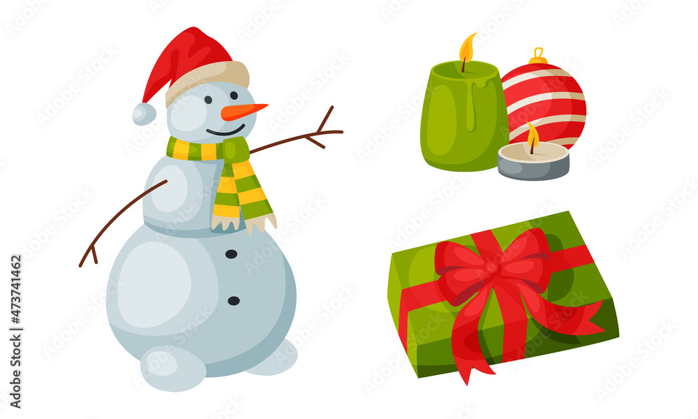 Snowman and Gift Box as Merry Christmas Holiday Object and Element Vector Set Snowman and Gift Box as Merry Christmas Holiday Object and Element Vector Set