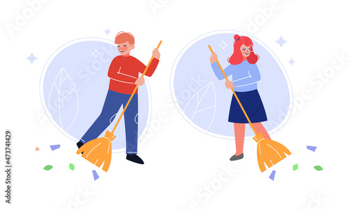 Little Boy and Girl Taking Care of Nature Sweeping Ground with Broom Vector Set