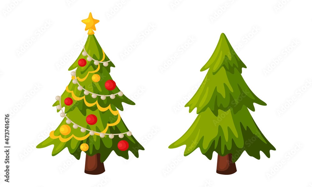Fir Tree Decorated with Baubles as Merry Christmas Holiday Object and Element Vector Set