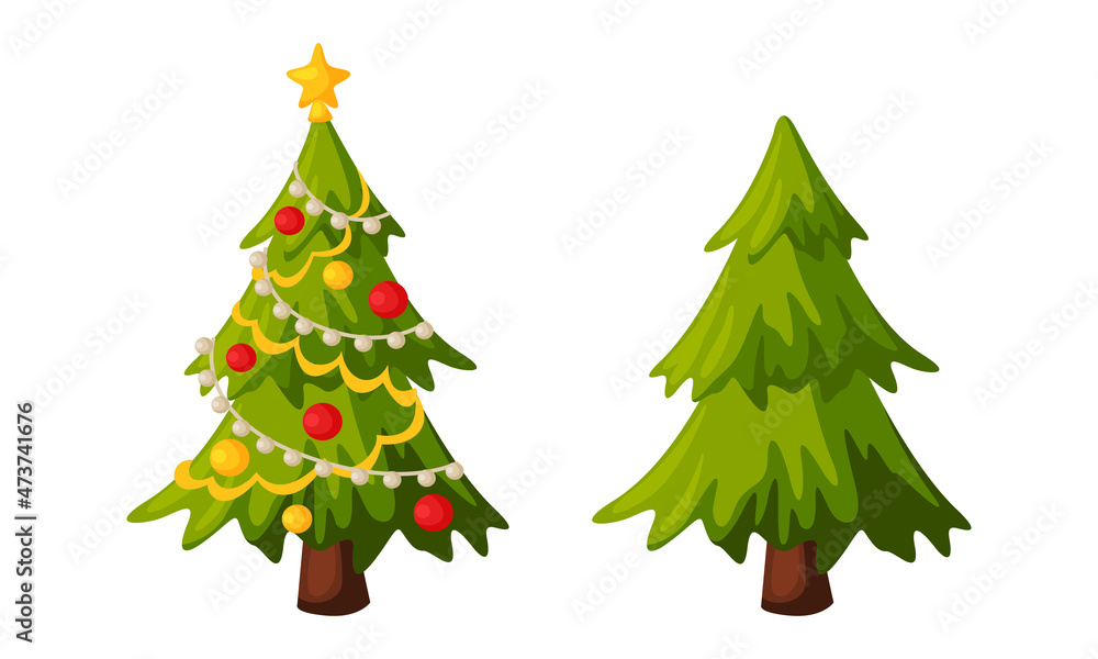 Fir Tree Decorated with Baubles as Merry Christmas Holiday Object and Element Vector Set Fir Tree Decorated with Baubles as Merry Christmas Holiday Object and Element Vector Set