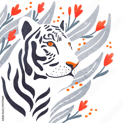 White Tiger Illustration with Floral Background. Protect wildlife. 