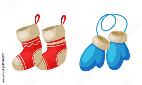 Warm Mittens and Stocking as Merry Christmas Holiday Object and Element Vector Set